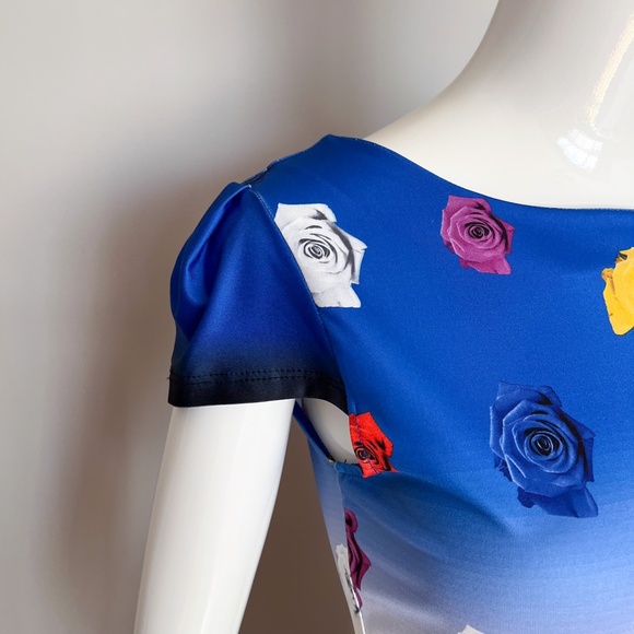 Red Tulip Mini Bodycon Stretch Floral Summer Dress Blue Multicolor Roses Dali 4 - Picture 10 of 16